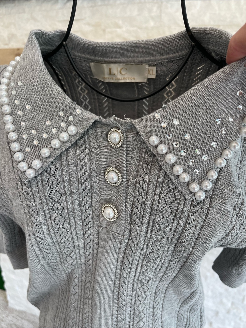 Grey Pearl-Rhinestone Embellished Knit Sweater - Picture 3 of 5